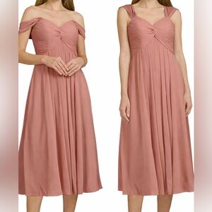 Azazie Chiffon Midi Dress Champagne Rose Pink Sleeveless / Off Shoulder Size 14